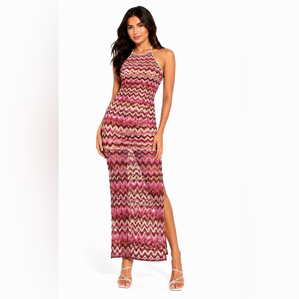 Open Knit Pink and White Chevron Pattern Halter Tie Maxi Dress - Picture 1 of 9